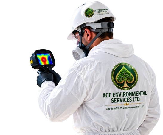 ACE Environmental technician inspecting a wall with a thermal imaging camera